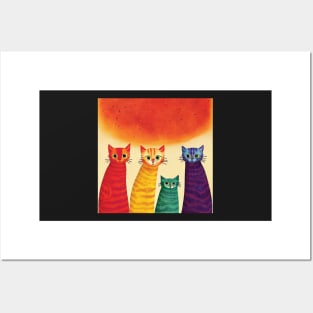 Four Quirky Multicoloured Cats Print. Purple, Red Yellow and Green Posters and Art